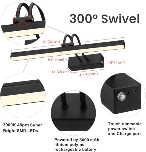 Rechargeable Picture Light with Remote, 13", Black - color: Painted Black, size: 13 inches
