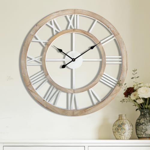 30 Inch Oversized Rustic Wall Clock Silent Non-Ticking Wooden Wall Clocks with Roman Numerals Farmhouse Decorative Clock for Living Room Bedroom Office (Light Lvory) - color: Light Lvory, size: 30 Inch