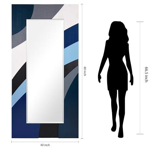 Empire Art Direct Blue Waves Hand Made Solid Paulownia Wood Beveled Leaner Mirror, Ready to Hang, Living Room, Bedroom & Office, 78.8"x39.4"x1.6" - style: Blue Waves