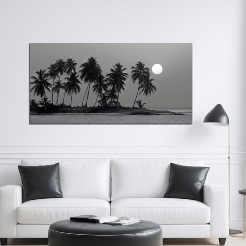 Black Coastal Wall Art Ocean Landscape Tropical Palm Tree Artwork 24"x48" - size: 24"L x 48"W