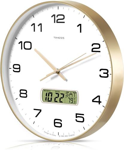 TIMESS 13-Inch Non-Ticking Analog Wall Clock with LCD Display, Gold - color: Gold, size: 13 Inch