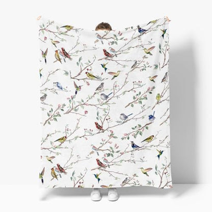 Horaldaily Spring Summer Birds Branch White Flannel Throw Blanket 50x60 - color: White, size: Throw(50x60'')