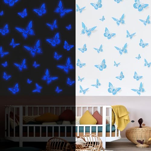 SAOROPEB Glow in The Dark 3D Butterfly 24 Pcs Blue Butterfly Stickers - color: 24 Pcs, Glowing Blue