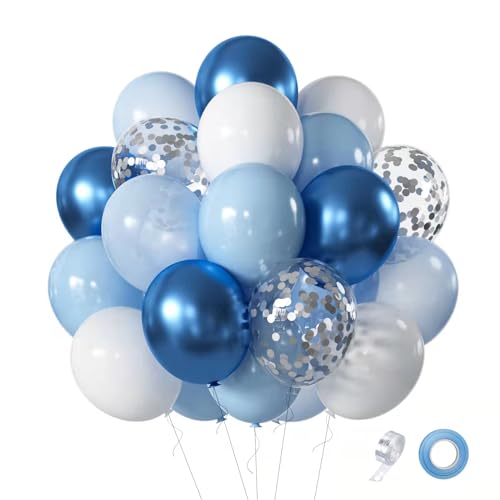 Blue White Balloons Set, 60 Pcs 12 Inch Metallic Chrome Blue Pearl Blue Balloons Light Blue Balloon for Birthday, Bridal Shower, Wedding Party Decoration - color: Blue