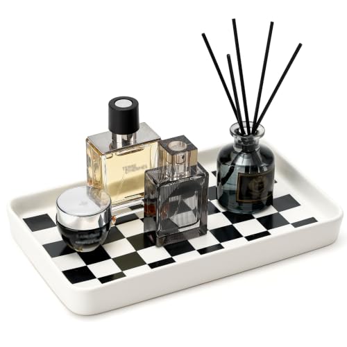 Texture Checkered Surface 10"×6"×1" Bathroom Vanity Tray for Countertop- Ceramic Decorative Organizer Tray for Dresser Top, Toilet, Perfume, Sponge Holder Soap Dish Dispenser for Kitchen Counter - color: White Color With Checkered Pattern-1 Pc
