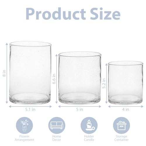 Set of 3 Hand Blown Glass Hurricane Candle Holders, Clear Seeded Bubbles Cylinder Pillar Candle Vases in 5/7/8 Inch, Farmhouse Table Centerpieces for Living Dining Kitchen Island