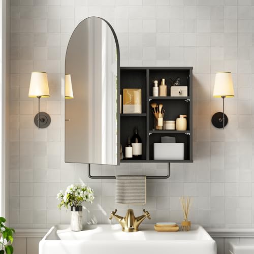 RALGEND Arched Bathroom Medicine Cabinet Mirror with Storage, Modern Arch Mirrored Cabinets, Wall-Mounted Vanity with 2 Adjustable Shelves & Towel Bar, Not Recessed, Black - color: Black