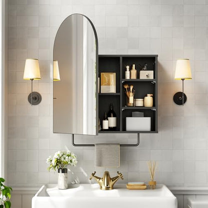 RALGEND Arched Bathroom Medicine Cabinet Mirror with Storage, Modern Arch Mirrored Cabinets, Wall-Mounted Vanity with 2 Adjustable Shelves & Towel Bar, Not Recessed, Black - color: Black