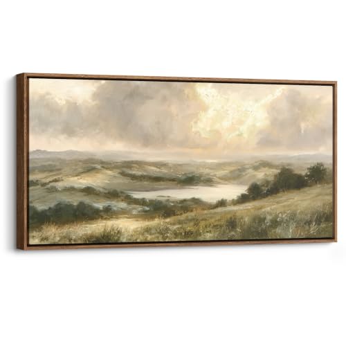 wall26 Extra Large Framed Wall Art Canvas Print - Muted Vintage Rolling Hills Valley Landscape - Contemporary Artwork for Living Room Bedroom Office - 60"x30" Natural - color: A07-2607-YUK18, size: 60"L x 30"W, style: Natural Frame