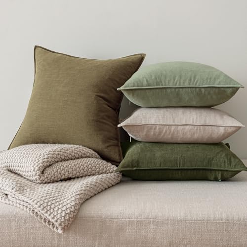 MIULEE Green and White Boho Linen Pillow Covers 18x18 Inch Pack of 4 - color: Green and White, size: 18" x 18" (Pack of 4)