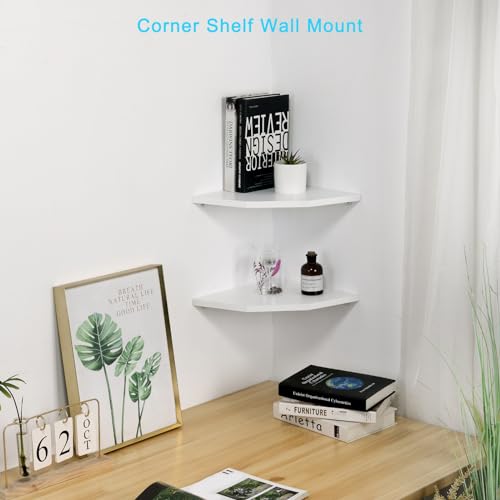 Corner Wall Shelves Set of 2, Rustic Wood Corner Floating Shelves with Cable Raceway, Wall Mount Storage Display for TV Accessories, Baby Monitor, Speaker, Cable Box (White, Diamond- 10 Inch)
