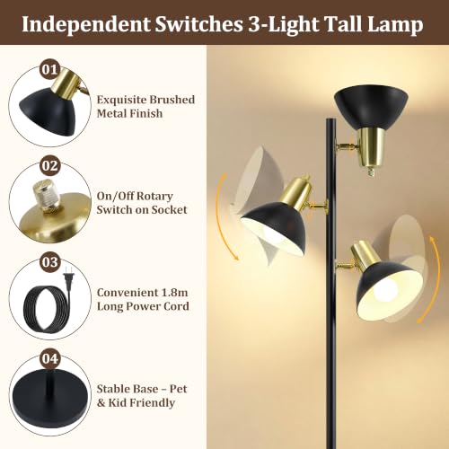 3 Light Floor Lamps for Living Room, 67" Tall Metal Modern Tree Floor Lamp - color: Black and Gold