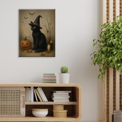 Halloween Wall Art Decor Black Cat Witch Pumpkin Canvas Print Framed - color: C