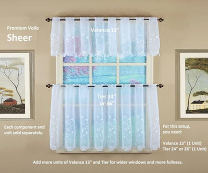 Today's Curtain, Sorento Embroidered Sheer Tier 24", White, 59" W x 24" L