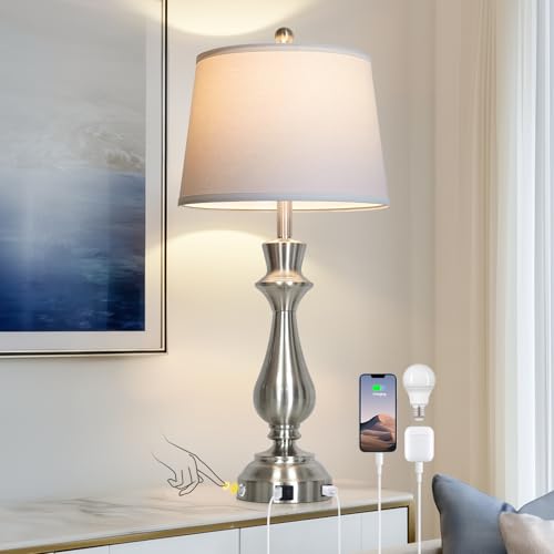 Cinkeda Silver Touch Lamps for Night Stand - 29.5" Tall Bedside Lamp with USB C+A, 3 Way Dimmable Bedroom Lamps, Brushed Nickel Table Lamps for Living Room,Single Silver - color: Silver-1P