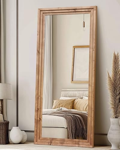 71x30in Full Length Mirror, 3-Tier Stepped Solid Wood Frame - color: Light Brown, size: 71"L x 30"W