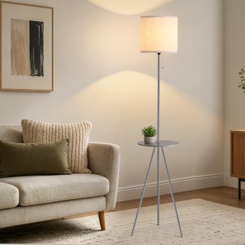 Floor Lamp with Side Table, Linen Shade, Standing Lamp for Living Room - color: Dark Grey
