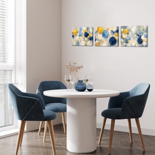 Nachic Wall Blue Gold Abstract Wall Art Canvas Circles Paintings Geometric Pictures for Bedroom Bathroom Wall Decor 12"x16"x3pcs