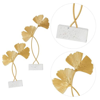 Cabilock 2Pcs Ginkgo Leaf Decor Metal Sculptures with Wood Base Nordic Gingko Leaf Adorns for Desktop Home D Cor Accents Living Room Bedroom Office