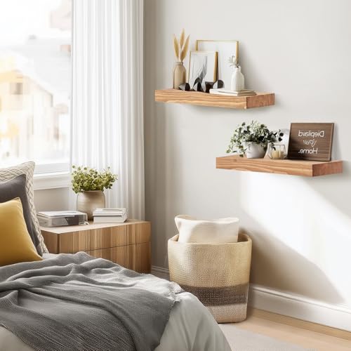 Solid Wood Floating Shelves, 17 Inch Wall Shelves, Set of 2, Oak - color: Oak, size: 17x8x1.6