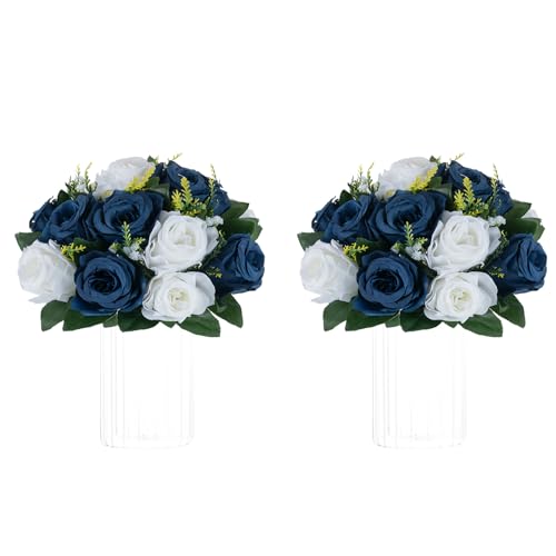 NUPTIO Flower Centerpieces for Tables, Fake Rose Balls, Navy Blue & White - color: Navy Blue & White, size: 2 Pcs