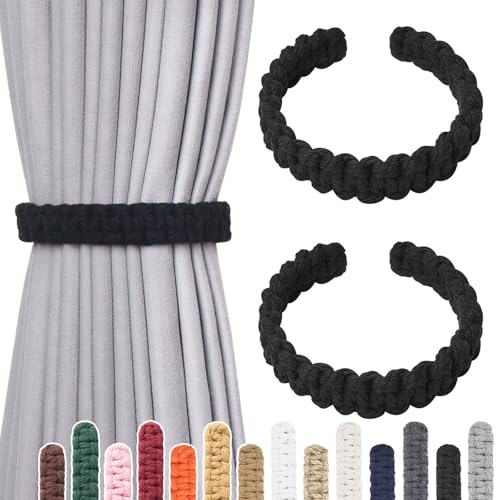 NICEEC 2 Pack Natural Cotton Rope Curtain Tiebacks Farmhouse Rustic Style Decorative Drape Tie Backs Handmade Braided Curtain Holdbacks for Home & Office Sheer/Light Weight Drapery (C-Black-L) - color: Black-large, size: 2 Pack