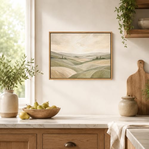 Framed Modern Neutral Green Abstract Landscape Canvas Wall Art, 16x12 In - color: ROLLING HILLS, size: 16"L x 12"W