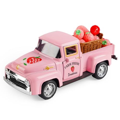 Strawberry Truck Decor, Pink Pickup Truck with Fake Strawberries, Rustic Farmhouse Tiered Tray Decor, Spring Country Kitchen Decorations for Home Office - color: Pink