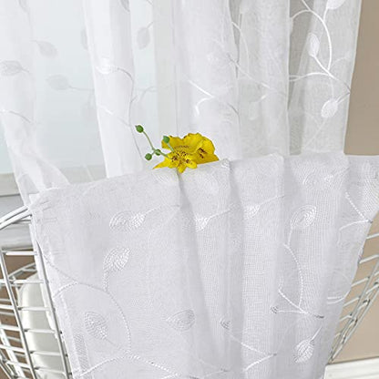 Tollpiz Leaves Sheer Tier Curtain White Leaf Embroidery Kitchen Half Curtains Rod Pocket Voile Faux Linen Embroidered Leaves Curtain for Bathroom, 30 x 36 inches Long, Set of 2 Panels - color: White, size: 30"W x 36"L (Pack of 2)
