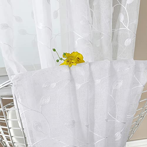 Tollpiz Leaves Sheer Tier Curtain White Leaf Embroidery Kitchen Half Curtains Rod Pocket Voile Faux Linen Embroidered Leaves Curtain for Bathroom, 30 x 36 inches Long, Set of 2 Panels - color: White, size: 30"W x 36"L (Pack of 2)