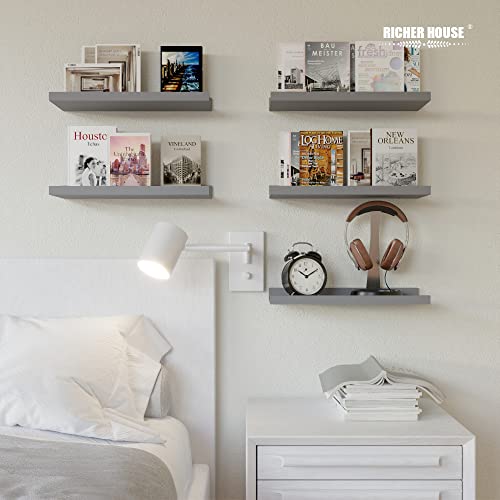RICHER HOUSE 5-Set Floating Shelves with Lip, Grey Wall Mounted Wood Shelf - color: Grey, size: 16in