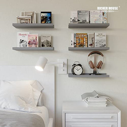 RICHER HOUSE 5-Set Floating Shelves with Lip, Grey Wall Mounted Wood Shelf - color: Grey, size: 16in