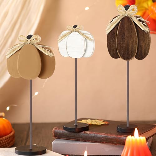 Thyle 3 Pcs Fall Pumpkin Decor, Wooden, Khaki,Grey,White - color: Khaki,grey,white