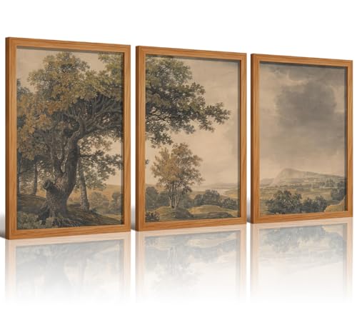 KHYEY Vintage Tree Landscape Framed Wall Art Set of 3 - color: Retro grey, size: 12x16 Inches