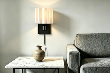 Plug in Black Wall Sconce Mid Century Modern Pleated Linen Shade - color: Black