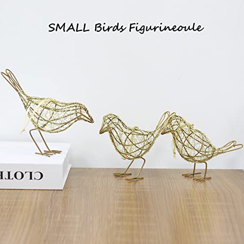 Artisan Bird Statues Trio - Table Decor Handmade Gold-Wire Woven - color: Gold