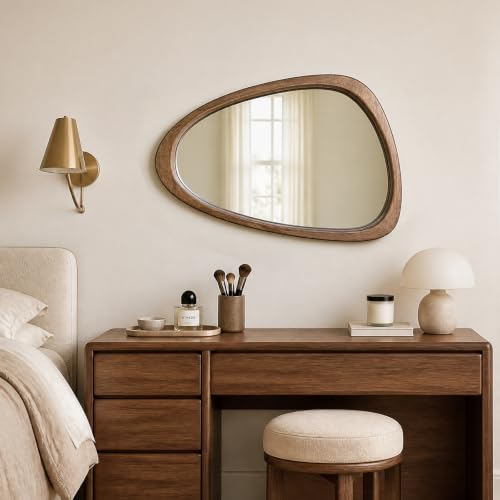 Asymmetrical Irregular Solid Wood Framed Wall Mirror, 20"x30" - color: Walnut, size: 30"L x 20"W