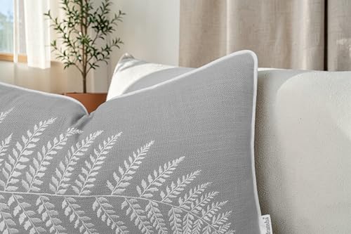 Rudransha Botanical Fern Leaf Embroidery Lumbar Pillow Cover - 14x24 Light Grey Cotton - color: Light Grey-ferny, size: 24" x 14" (Pack of 1)