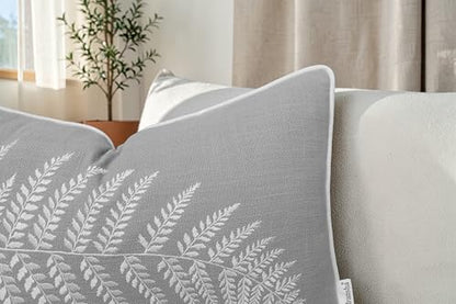 Rudransha Botanical Fern Leaf Embroidery Lumbar Pillow Cover - 14x24 Light Grey Cotton - color: Light Grey-ferny, size: 24" x 14" (Pack of 1)