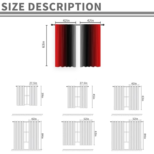 Red and Black Curtains Ombre Burgundy Grey Gradient Gothic Goth Cool Mens Dark Spooky Design 42W x 63L Inches Rod Pocket for Bedroom Living Dining Room Window Drapes Treatment Fabric 2 Panels - color: Black and Red, size: 42"W x 63"L (Pack of 2)