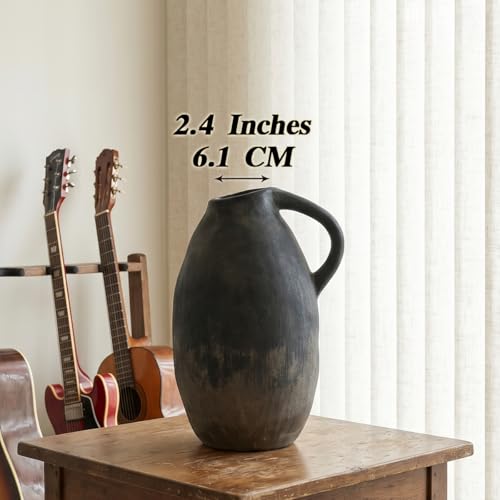 Rustic Ceramic Vase with Handle, 10.3 Inch, Handmade Decor - color: Black