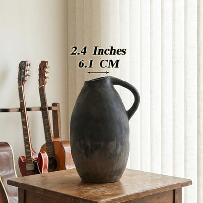 Rustic Ceramic Vase with Handle, 10.3 Inch, Handmade Decor - color: Black