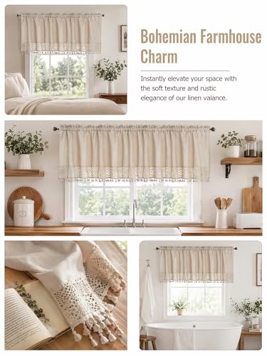 Molaxhome Linen Valances for Windows Boho Kitchen Valance Window Treatments - color: Beige, size: 52"W x 18"L (Pack of 1)