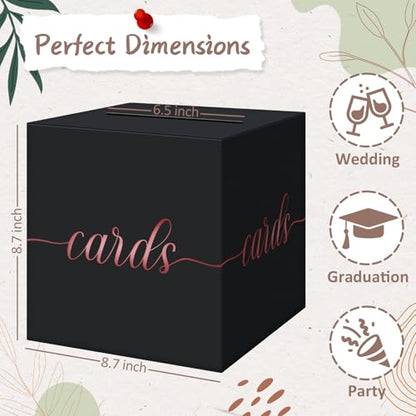 QIKSION Elegant Black Card Box for Party, Rose Gold Foil Wedding Card Box - color: Black and Rose Gold Foil