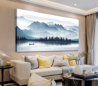 arteWOODS Indigo Mountain Canvas Wall Art Foggy Lake Boat Pictures, 29"x58" - color: Indigo Mountain Lake, size: 58"L x 29"W