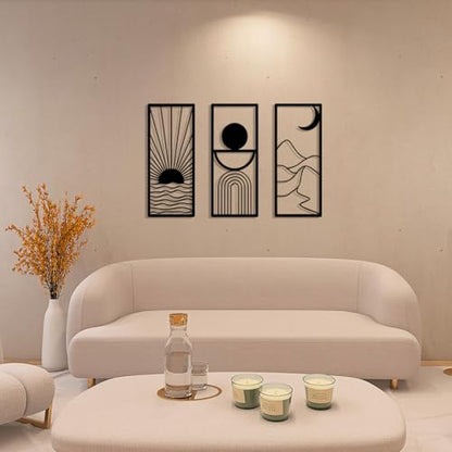 DUOOLN 3pc Metal Celestial Wall Decor Art, Abstract Geometric Sculptures - color: Black - Sun & Moon