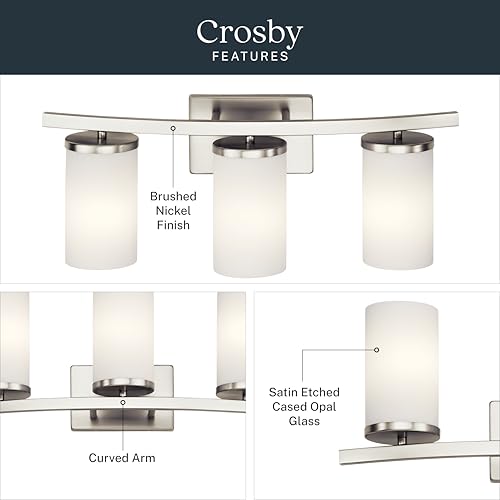 Kichler Crosby 3-Light Bathroom Vanity Light, Brushed Nickel - color: Brushed Nickel, size: 3 Light, style: Satin Etched Cased Opal Glass