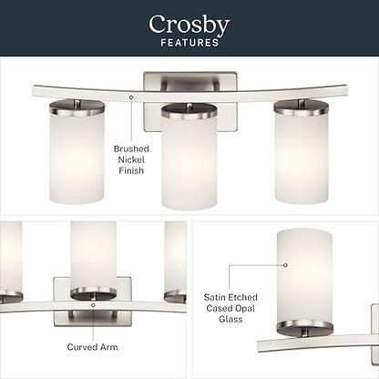 Kichler Crosby 3-Light Bathroom Vanity Light, Brushed Nickel - color: Brushed Nickel, size: 3 Light, style: Satin Etched Cased Opal Glass