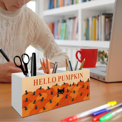 Fall Pumpkin Black Cat Pen Pencil Holder Organizer for Desk - color: Fall cat