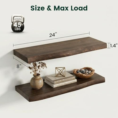 24in Live Edge Solid Elm Floating Shelves, Walnut, Set of 2 - color: Walut Color, size: Live Edge 24 inch, 2Packs